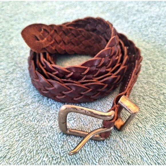 Vintage Dark Brown Braided Leather Preppy Waist Belt Brass Buckle up to 48 waist - Picture 1 of 8